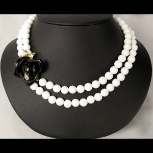KJL Black Rose Double Strand White Bead Necklace